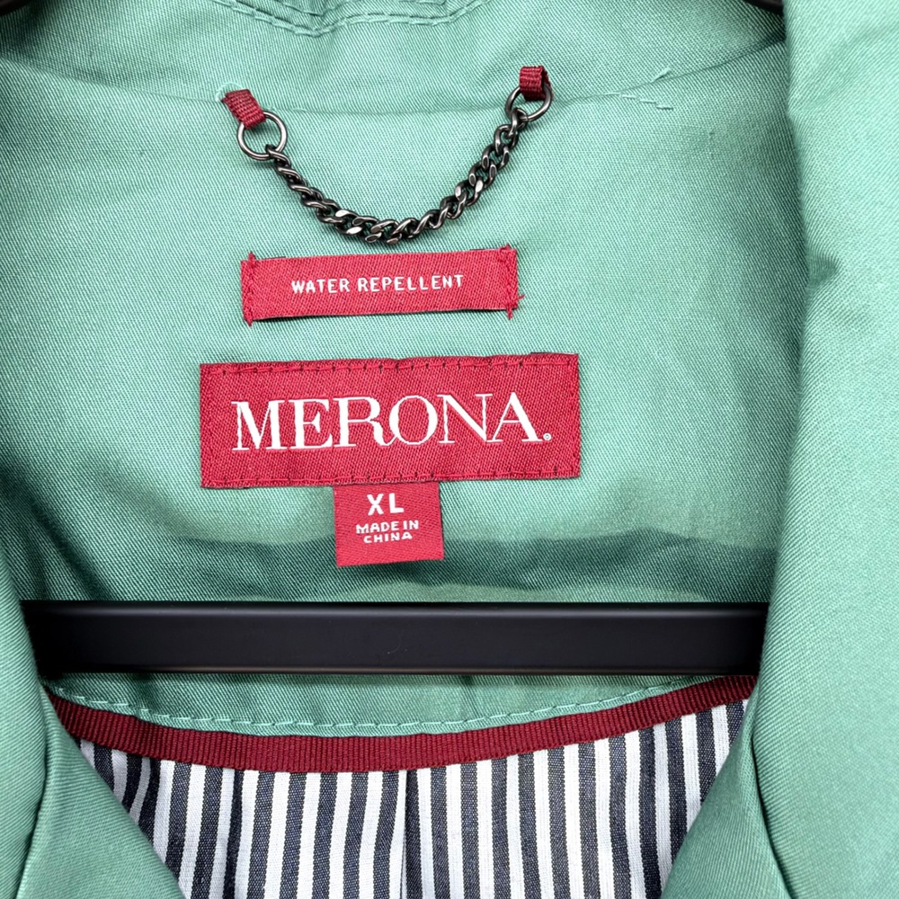 Merona Trench Coat XL Green Water Repellent Belted Double Breasted Rain Jacket - Picture 2 of 12